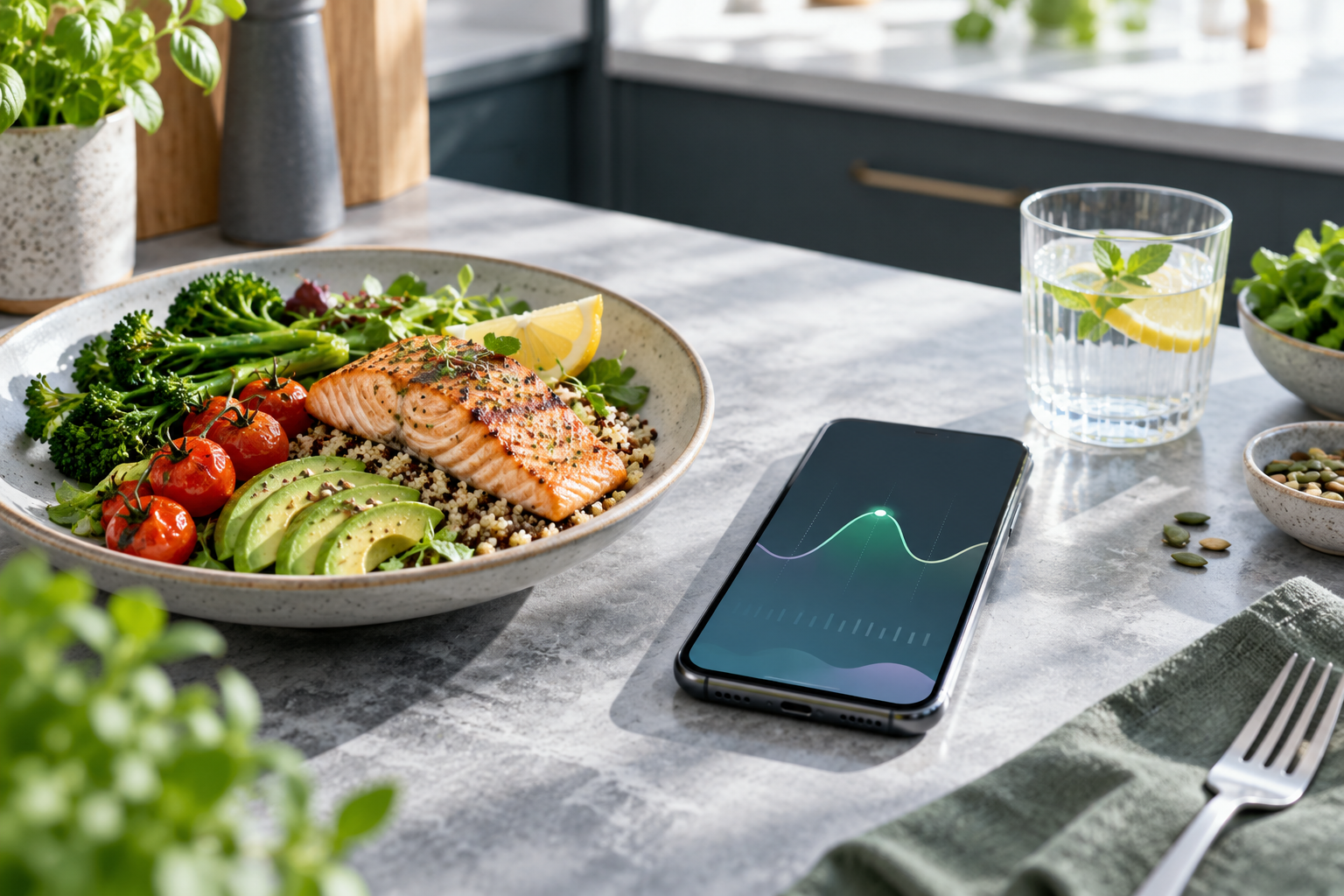 A balanced meal beside a phone displaying an abstract glucose curve